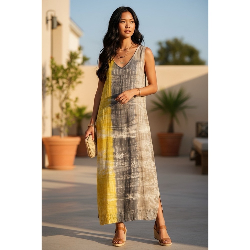 ROSEMARINE Italy 100% Linen Tie Dye Eyelet Trim Maxi Dress Size Medium Shift